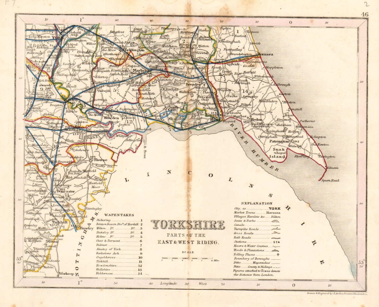 YORKSHIRE, SOUTH EAST county map showing wapentakes by ARCHER & DUGDALE c1845